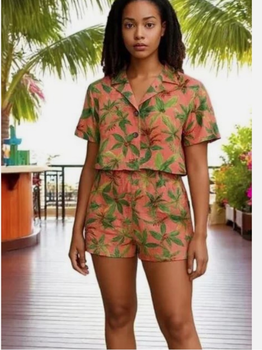 Monteau LA Women’s Tropical Linen 2 piece RIO Beachwear Shirt and Shorts Set